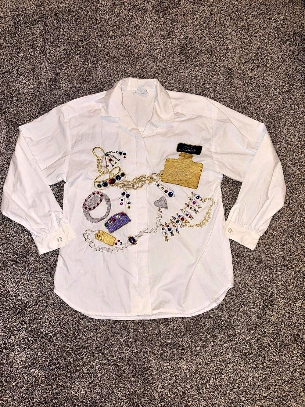 Vintage white button up top with Paris Design embroidery and sequins